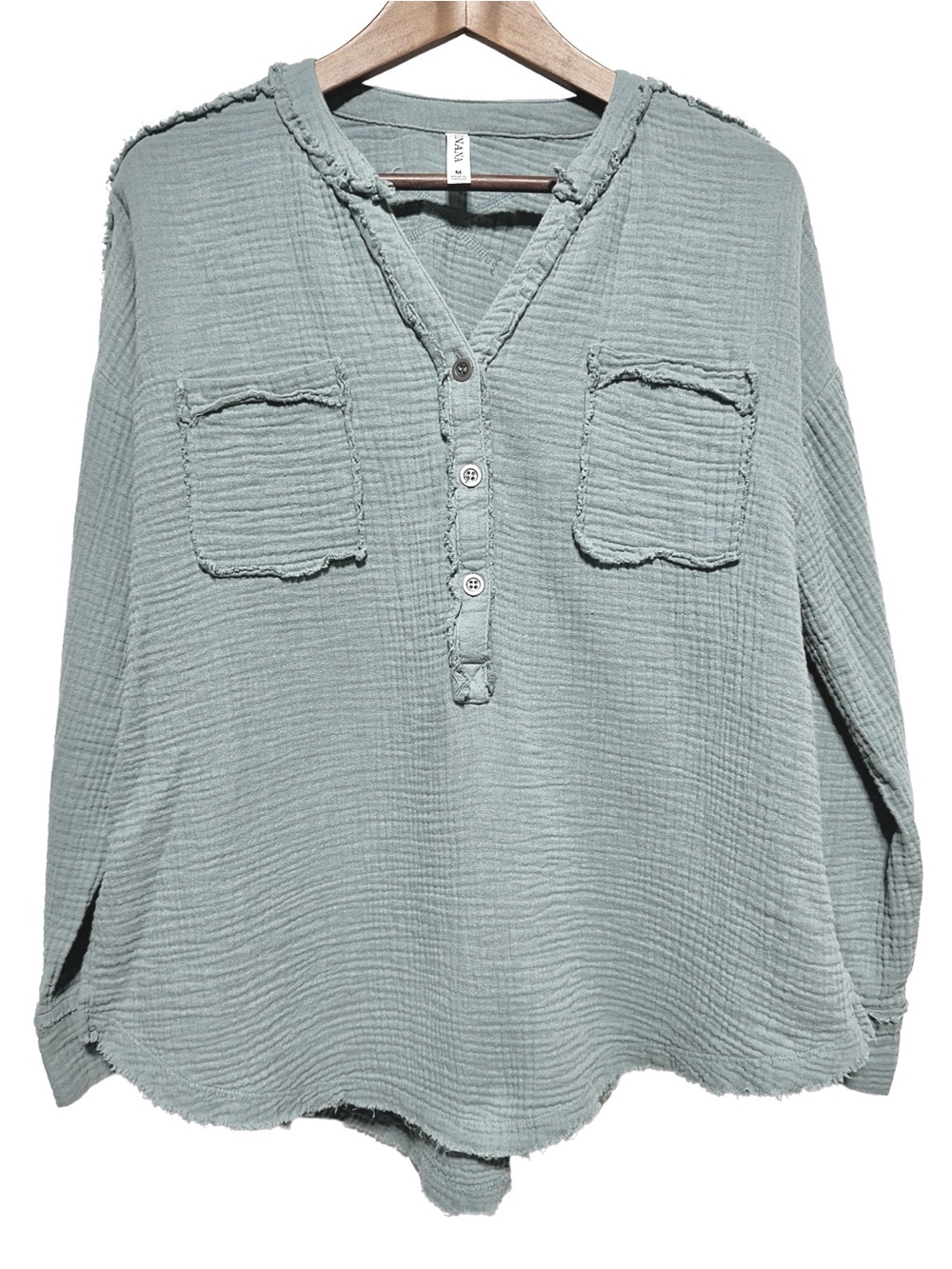 Oversized Slouchy Gauze Cotton Henley Top Sage Green Raw Edge Boho Poetcore M